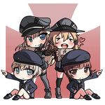  &gt;_&lt; :d bismarck_(kantai_collection) blue_eyes brown_eyes brown_hair carillus chibi closed_eyes gen_1_pokemon hat heart kantai_collection light_brown_hair long_hair multiple_girls open_mouth paras peaked_cap pointing pokemon pokemon_(creature) prinz_eugen_(kantai_collection) short_hair sitting smile thighhighs translation_request twintails xd z1_leberecht_maass_(kantai_collection) z3_max_schultz_(kantai_collection) 
