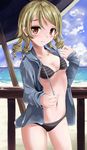  bad_id bad_pixiv_id bikini blonde_hair brown_eyes day drill_hair idolmaster idolmaster_cinderella_girls jacket looking_at_viewer marumaru morikubo_nono navel short_hair standing striped striped_bikini swimsuit 