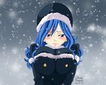  1girl blue_hair breasts coat fairy_tail hat highres juvia_loxar large_breasts snow tears 