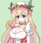  blonde_hair blush breasts cleavage dress freyja_(p&amp;d) green_background green_eyes hair_tubes hat heart heart_necklace huge_breasts jewelry leaf long_hair looking_at_viewer marshmallow_mille mob_cap necklace no_nose pig pointy_ears puffy_short_sleeves puffy_sleeves puzzle_&amp;_dragons short_sleeves simple_background smile solo very_long_hair wristband 