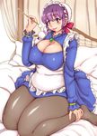  1girl blush breasts cleavage cleavage_cutout erect_nipples feet hands_on_feet large_breasts looking_at_viewer maid_headdress open_mouth original orizen pantyhose plump purple_eyes purple_hair short_hair sitting smile solo thick_thighs thighs wide_hips 