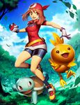  blue_eyes brown_eyes brown_hair cloud day gen_1_pokemon gen_3_pokemon genzoman gloves grass haruka_(pokemon) head_scarf holding holding_poke_ball leaf outdoors poke_ball pokemon pokemon_(creature) signature sky smile squirtle torchic tree 