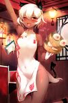  ;3 animal_ears arm_up bamboo_steamer baozi black_rock_shooter blush breasts china_dress chinese_clothes clipboard covered_navel dark_skin demon_tail dress food gloves hair_between_eyes hair_ornament highres looking_at_viewer m-da_s-tarou medium_breasts navel no_panties one_eye_closed open_mouth orange_eyes short_hair side_slit smile solo steam strength_(black_rock_shooter) sweat tail tattoo white_gloves white_hair 