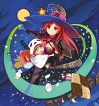  blue_eyes breasts broom broom_riding candy food full_moon hat highres large_breasts long_hair moon multiple_girls open_mouth original red_hair smile witch_hat yuugiri 