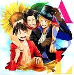  3boys blonde_hair bracelet brothers brown_hair cravat freckles goggles goggles_on_hat hat jewelry male_focus monkey_d_luffy multiple_boys necklace one_piece open_shirt portgas_d_ace sabo_(one_piece) scar shirt siblings smile straw_hat tattoo top_hat topless trio 