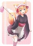  animal_ears apron bangs blonde_hair blue_eyes blush fal fox_ears fox_tail frilled_apron frills highres japanese_clothes long_sleeves looking_at_viewer maid maid_headdress moe2015 open_mouth original sash shoes short_hair smile solo standing standing_on_one_leg tail thighhighs white_legwear wide_sleeves zettai_ryouiki 