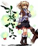  arm_warmers blonde_hair boots brown_footwear character_name cross-laced_footwear green_eyes japanese_clothes lace-up_boots mizuhashi_parsee ponytail sash scarf skirt solo touhou umarutsufuri 