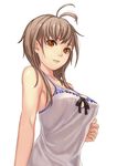  antenna_hair bare_shoulders breasts brown_eyes brown_hair camisole cleavage covered_nipples highres large_breasts light_smile lips long_hair nostra original simple_background solo strap_gap white_background 