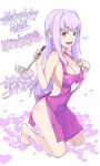  :d apron bare_legs barefoot breasts brown_eyes cleavage copyright_request fang half_updo hand_on_own_chest heart kneeling ladle large_breasts looking_at_viewer md5_mismatch musashimaru naked_apron open_mouth pointy_ears purple_hair sidelocks smile solo 