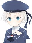 blue_eyes blush clothes_writing hand_on_own_chest hat kantai_collection long_sleeves muku_(muku-coffee) neckerchief sailor_collar sailor_hat short_hair silver_hair simple_background smile solo white_background z1_leberecht_maass_(kantai_collection) 