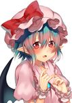  bad_id bad_pixiv_id bat_wings blue_hair blush bow brooch dress fang hat hat_bow highres jewelry looking_at_viewer mob_cap open_mouth pink_dress pointy_ears puffy_short_sleeves puffy_sleeves red_eyes remilia_scarlet shirako_sei short_sleeves slit_pupils solo touhou upper_body wings wrist_cuffs 