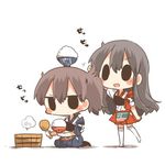  akagi_(kantai_collection) black_eyes black_hair blush bowl brown_hair chibi kaga_(kantai_collection) kantai_collection long_hair lowres multiple_girls muneate object_on_head open_mouth rebecca_(keinelove) rice rice_bowl rice_cooker rice_spoon short_hair side_ponytail sitting smile thighhighs 