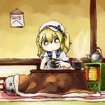  2015 anchor blonde_hair blue_sailor_collar bowl calendar_(object) chopsticks eating food hat heater kettle kitashirakawa_chiyuri kotatsu mimi-chan missile mochi sailor sailor_collar sailor_hat short_hair table touhou touhou_(pc-98) twintails yaise yellow_eyes 