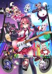  animal_ears black_legwear blush breasts cat_ears chabaneko chibi doughnut food guitar headphones instrument long_hair looking_at_viewer medium_breasts multiple_girls skirt smile sword thighhighs weapon wings 