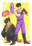  anger_vein black_hair blue_eyes cosplay father_and_son fingerless_gloves gakuran gloves higashikata_jousuke higashikata_jousuke_(cosplay) jojo_no_kimyou_na_bouken joseph_joestar_(young) joseph_joestar_(young)_(cosplay) miyasemao multiple_boys pompadour school_uniform squatting time_paradox 