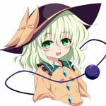  eyeball green_eyes green_hair hat heart heart-shaped_pupils isa komeiji_koishi open_mouth short_hair simple_background smile solo symbol-shaped_pupils third_eye touhou white_background 