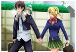  1girl 2boys baby_be&#039;el baby_be'el beelzebub_(manga) blonde_hair brown_hair green_eyes green_hair hand_holding hat hilda_(beelzebub) karoll_ann multiple_boys oga_tatsumi outside_border outside_of_border scarf skirt 