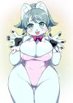  :d anthro big_breasts blush bow_tie breasts cleavage clothed clothing fangs female fur green_eyes grey_hair hair happy inner_ear_fluff kemono leotard mammal open_mouth pawpads paws polar_bear short_hair ursid ursine white_fur wide_hips たぬたん 