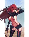  absurdres bad_id bad_pixiv_id breasts cameltoe chopguy contrapposto cosplay crossover green_eyes highres kill_la_kill large_breasts long_hair looking_at_viewer matoi_ryuuko matoi_ryuuko_(cosplay) parted_lips planted_weapon red_hair revealing_clothes scissors senketsu shut_hell shut_hell_(character) solo standing suspenders thighhighs underboob weapon wind 