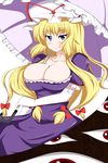  alternate_eye_color blonde_hair blue_eyes bow breasts bursting_breasts cleavage collarbone dress elbow_gloves gap gloves hair_bow hat hat_ribbon highres holding holding_umbrella huge_breasts long_hair looking_at_viewer mob_cap puffy_short_sleeves puffy_sleeves purple_dress red_eyes ribbon short_sleeves simple_background skindentation smile solo touhou umbrella white_background white_gloves yakumo_yukari zefyu 