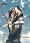  achiki bird black_hair brown_eyes can canned_coffee cloud coat day holding light original profile seagull short_hair sky solo wind 