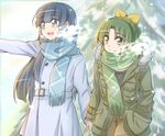  aoki_reika blue_eyes blue_hair blush bow breath coat green_eyes green_hair hair_bow hair_ornament hairclip hand_in_pocket hime_cut holding_hands jappo long_hair midorikawa_nao multiple_girls ponytail precure scarf smile smile_precure! winter 