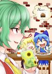  ascot barefoot blonde_hair blue_hair bow brick_wall chair checkerboard_cookie cirno closed_eyes cookie cup cupcake dress flower food green_hair hair_bow hair_ribbon highres ice ice_wings jam_cookie kazami_yuuka medicine_melancholy multiple_girls open_mouth red_eyes ribbon short_hair sitting smile sunflower table tonbo_(11023) touhou vest wings 