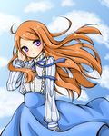  blue_skirt blush cloud day frills kishikino long_hair long_skirt long_sleeves looking_at_viewer mawaru_penguindrum orange_hair purple_eyes ribbon skirt sky smile solo takakura_himari very_long_hair wind 