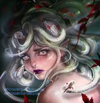  banned_artist earrings fangs forked_tongue from_behind gorgon greek_mythology jewelry lipstick long_hair looking_at_viewer makeup medusa_(mythology) pointy_ears portrait purple_lipstick red_eyes sakimichan snake_hair solo tears tongue watermark web_address white_eyes white_hair 
