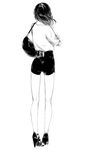  bag crossed_arms from_behind full_body greyscale handbag highres kneepits long_hair monochrome original shorts simple_background solo sousou_(sousouworks) white_background 