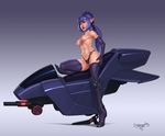  alia_z bikini_bottom boots breasts dr_graevling elbow_gloves gloves long_hair nipples original pointy_ears ponytail purple_eyes purple_footwear purple_hair solo thigh_boots thighhighs topless vehicle 