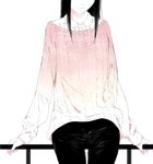  arm_support black_hair cowboy_shot head_out_of_frame highres long_hair long_sleeves original pants railing simple_background sitting solo sousou_(sousouworks) white_background 