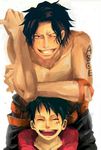  2boys belt brothers eyes_closed freckles monkey_d_luffy multiple_boys one_piece portgas_d_ace scar siblings smile tattoo topless wink 