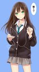  blush brown_hair cardigan digital_media_player earbuds earphones green_eyes highres idolmaster idolmaster_cinderella_girls jewelry kisaragi_mizu long_hair looking_at_viewer necklace necktie parted_lips school_uniform shibuya_rin single_earphone_removed skirt smile solo translated 