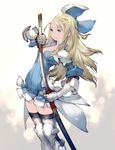  armor black_legwear blonde_hair blue_bow blue_dress blue_eyes bow bravely_default:_flying_fairy bravely_default_(series) bravely_second:_end_layer breasts cleavage dress edea_lee gauntlets hair_bow holding holding_sword holding_weapon katana long_hair no_nose official_art sheath sheathed short_dress shoulder_pads small_breasts smile solo sword thighhighs unsheathing weapon yoshida_akihiko zettai_ryouiki 