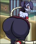  ass bent_over blue_hair detached_sleeves huge_ass leviathan_(skullgirls) looking_back q7 red_eyes skullgirls smile squigly_(skullgirls) stitched_mouth zombie 