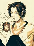  1boy coffee cup freckles male_focus mug necklace one_piece portgas_d_ace sitting sketch solo steam tattoo topless 