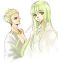  blonde_hair earrings easty enkidu_(fate/strange_fake) fate/stay_night fate/strange_fake fate_(series) gilgamesh green_eyes green_hair hair_slicked_back jewelry long_hair multiple_boys necklace 