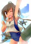  ;d aircraft airplane armpits brown_eyes brown_hair highres i-401_(kantai_collection) kantai_collection looking_at_viewer m6a_seiran one_eye_closed open_mouth ponytail school_swimsuit school_uniform serafuku smile solo swimsuit swimsuit_under_clothes yuuhi_alpha 