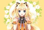  :d animal_ears blonde_hair blue_eyes cat_ears curly_hair daisy floral_background flower happy long_hair looking_at_viewer mca_(dessert_candy) open_mouth orange_background ribbon seeu smile solo upper_body vocaloid wrist_cuffs 