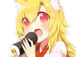  animal_ear_fluff animal_ears bad_id bad_pixiv_id blonde_hair blush eating food fox_ears futaba_akane long_hair makizushi naomi_(sekai_no_hate_no_kissaten) open_mouth original red_eyes simple_background smile solo sushi white_background 