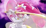  aino_megumi angry arm_warmers bare_shoulders bow cure_lovely earrings elbow_gloves erufa_(pixiv) fighting_stance frills gloves hair_ornament happinesscharge_precure! highres innocent_form_(happinesscharge_precure!) jewelry long_hair looking_at_viewer magical_girl pink_eyes pink_hair ponytail precure ribbon skirt solo sword very_long_hair weapon white_gloves wide_ponytail wings 