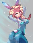  adapted_costume animal_ears arms_up ass bad_anatomy bad_id bad_pixiv_id blonde_hair blue_eyes braid breasts bunny_ears bunny_tail bunnysuit elsa_(frozen) fake_animal_ears frozen_(disney) hair_over_shoulder highres long_hair looking_at_viewer medium_breasts moyoosu pantyhose single_braid smile solo tail twisted_torso 