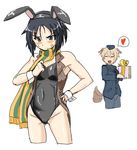  =_= animal_ears bandaid bandaid_on_face bare_shoulders black_eyes black_hair blonde_hair blush brave_witches breasts bunny_ears bunnysuit cleavage closed_eyes covered_navel cropped_jacket cropped_legs dog_ears dog_tail fake_animal_ears hand_on_hip heart kanno_naoe kunashiri_(etorofu) medium_breasts military military_uniform multiple_girls pantyhose scarf short_hair simple_background sketch solo_focus spoken_heart sweat tail tail_wagging uniform waltrud_krupinski white_background world_witches_series wrist_cuffs 