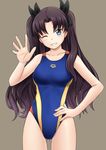  arena_(company) black_hair blue_eyes competition_swimsuit fate/stay_night fate_(series) fuuma_nagi grin hand_on_hip long_hair one-piece_swimsuit one_eye_closed smile swimsuit toosaka_rin two_side_up waving 