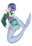  animal_ears blue_eyes blue_hair classictime head_fins highres japanese_clothes kimono long_sleeves mermaid monster_girl obi open_mouth sash short_hair smile solo touhou wakasagihime wide_sleeves 