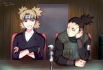  1boy 1girl 2015 amiko dated fingerless_gloves fishnets forehead_protector gloves japanese_clothes microphone nara_shikamaru naruto naruto_shippuuden quad_tails smile table temari topknot twitter_username 