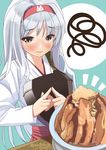  atori blush bunny food food_request hairband hakama japanese_clothes jpeg_artifacts kantai_collection long_hair meat muneate noodles ramen shoukaku_(kantai_collection) simple_background squiggle twitter_username 