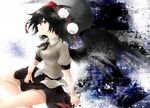  bare_legs bird_wings black_hair blouse gradient gradient_background grin hat leaf_fan pom_pom_(clothes) profile puffy_short_sleeves puffy_sleeves red_eyes shameimaru_aya short_hair short_sleeves sideways_glance skirt smile solo sudako_(dai011305) tokin_hat touhou wings 