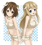  animal_ears blonde_hair blue_eyes brown_eyes brown_hair crop_top hirasawa_yui horns k-on! kotobuki_tsumugi long_hair multiple_girls sheep_ears shizupu short_hair shorts 